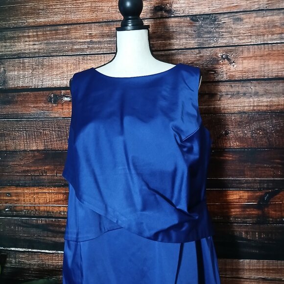 Talbots Woman Dress Plus Size 16 W Royal Blue Satin Sheath Draped Waist Formal - Picture 5 of 11